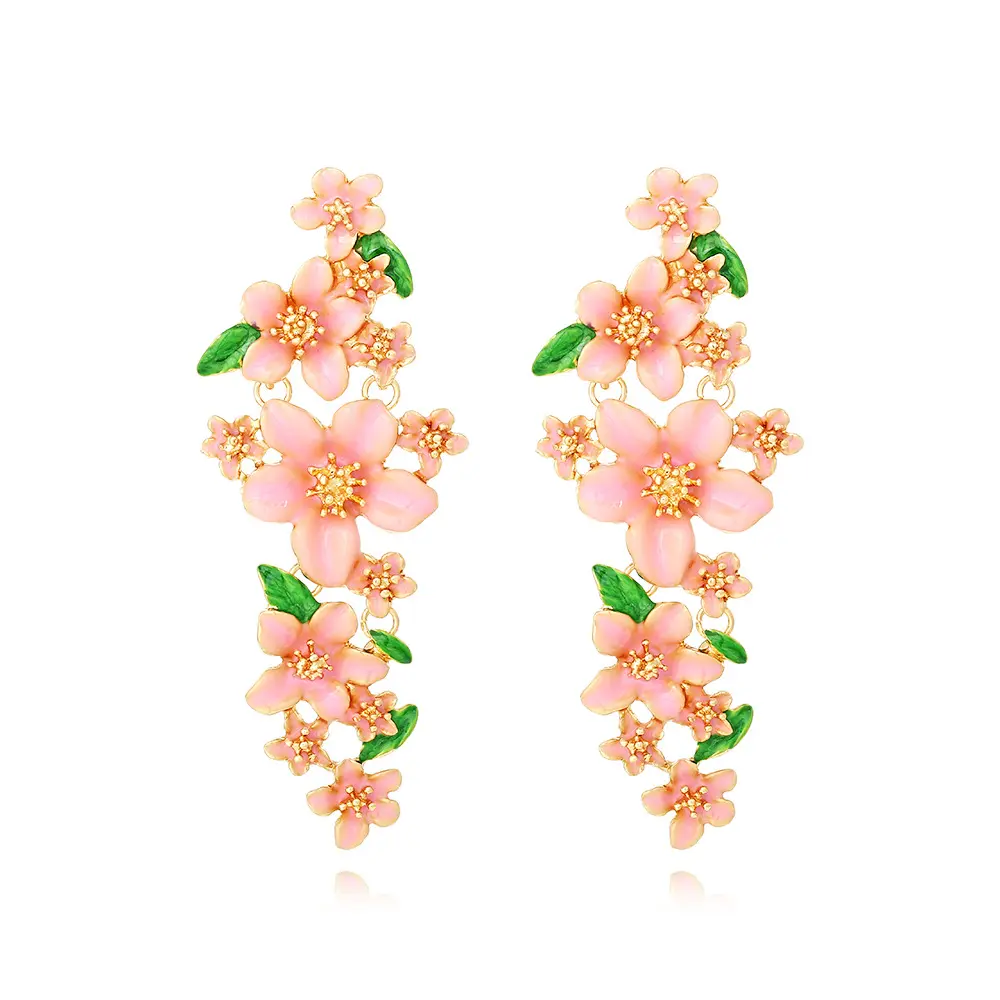 Anting-anting bunga Enamel Musim Semi Mode 2024 anting-anting Drop merah muda Dripping bunga perhiasan untuk wanita anak perempuan