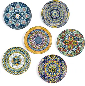Placa de cerâmica boêmia para jantar, pratos de porcelana coloridas para servir sobremesa 8.7/10.6 polegadas