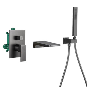 Grifo de bañera oculto de 1 manija, montado en la pared, con set de ducha en cascada y cabezal de ducha tipo lluvia, forma rectangular, con válvula de cerámica. - Product Image 5