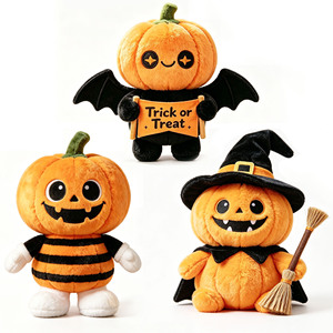 Poupée en peluche visage de citrouille d'Halloween, motif chauve-souris, chapeau de sorcière et balai, décoration de table, cadeau - Product Image 1