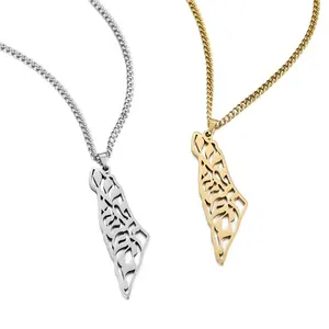 Yiwu Aceon acier inoxydable découpé au Laser carte du monde creuse à l'intérieur de la langue ethnique arabe calligraphie Palestine carte pendentif collier - Product Image 1
