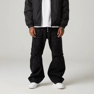 <span class=keywords><strong>Jeans</strong></span> Masculinos e Femininos de Grife Personalizados de Alta Qualidade, Estilo High Street, em Denim Preto Escuro, com Pernas Curvas Enceradas, Modelo Baggy - Product Image 1