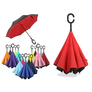 HJH491 Custom C-Hook Male Golf Folding Long Hand Reverse Rolding Umbrella Double Layer Inverted Windproof Rain Car Umbrellas