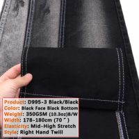Tela vaquera elástica TR de 10,5 oz, dos lados, negra, media alta elasticidad, RHT, tela vaquera tejida de sarga, fabricante de rollos de tela vaquera