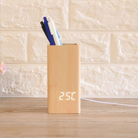 Jam Meja Digital LED Multifungsi dengan Tempat Pena Kayu Terintegrasi, Jam Meja Digital LED untuk Pelajar, Dekorasi Meja Kreatif, Hadiah