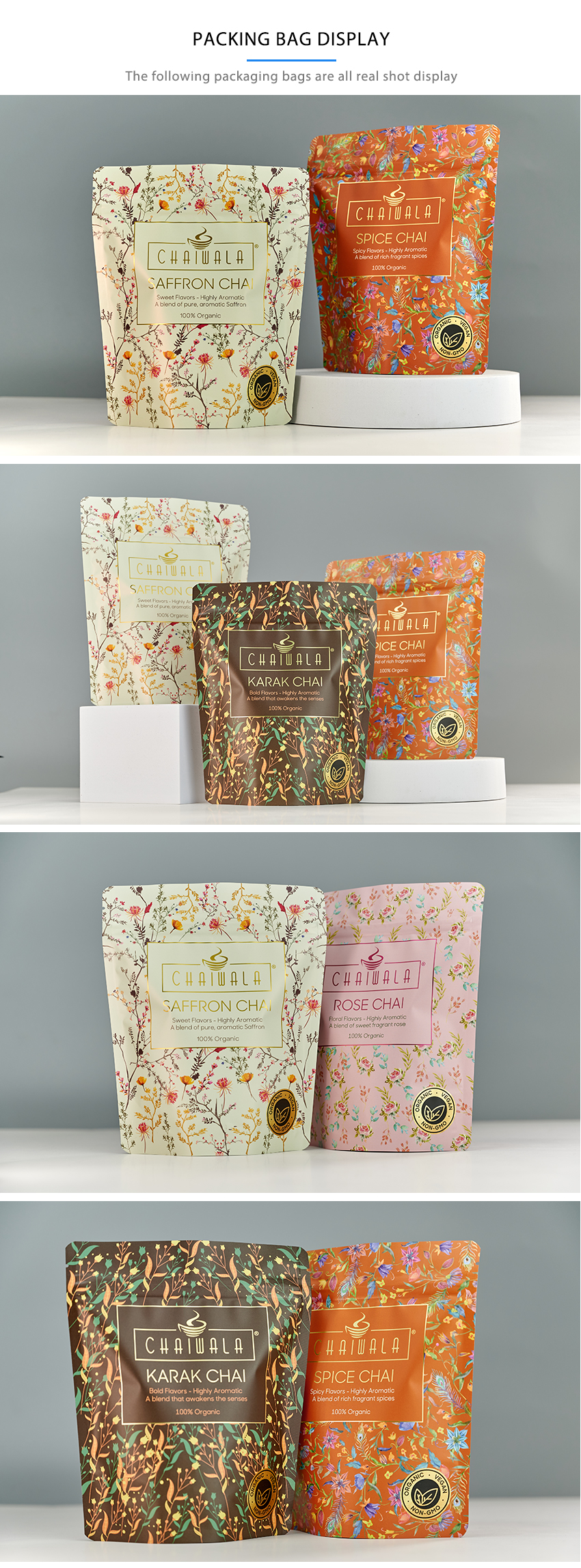 Customized Design And Size Mylar Plastic Tea Packaging Stand Up Bag For Leaves Tea