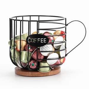 Porte-capsules à café en fil métallique rustique de grande capacité, panier avec couvercle en bois, forme de tasse, organisateur de rangement multifonctionnel détachable - Product Image 1