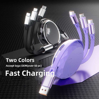 Câble de données USB-C rétractable 3-en-1 100W à charge rapide 5A avec support de téléphone 1,2 m – Câble USB Micro Type-C 3-en-1 promotionnel