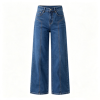 Jean droit taille haute pour femme, avec couture avant, en denim extensible large, bleu foncé, vente en gros usine