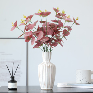 Feuilles d'eucalyptus artificielles Ruilisi, 5 branches, fleurs en soie plastique rouge foncé, décoration intérieure, accessoires de mariage, 34 cm - Product Image 1