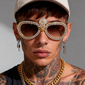 Occhiali da Sole Y2K con Diamanti Lucidi Donna, Tendenze 2026, Stile Pilota Oversize, Design Personalizzato con Teschio, Occhiali con Strass Uomo - Product Image 1