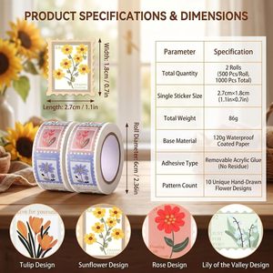 1000 Pcs <b>Flower</b> Stamp <b>Stickers</b> with 10 Designs - Product Image 2