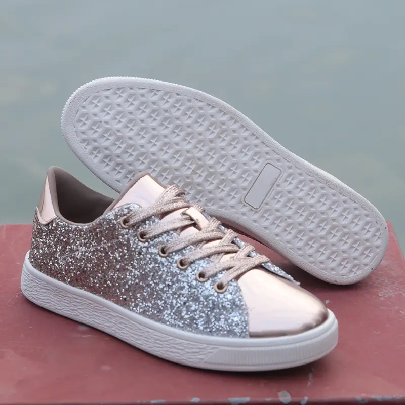 SN-003 latest fashion glitter sequined PU leather sneaker lace up walking shoes loafers for women spring summer flat shoes