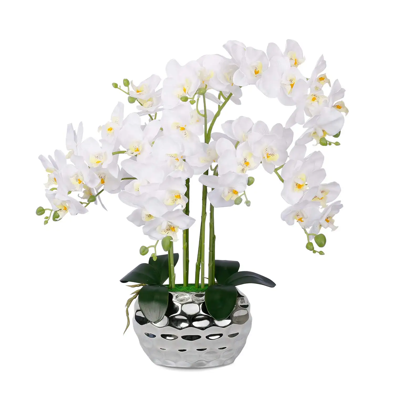 Artificial Orchid with Silver Vase Artificial Flowers Silk Orchids Faux Plant Phalaenopsis for Home Decor Kitchen Decoration