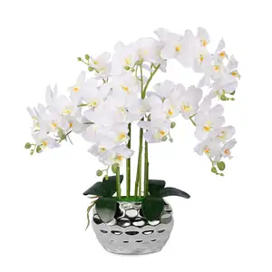 Orquídea artificial com vaso de prata, flores artificiais de seda, orquídeas falsas, planta �� para decoração de casa, decoração de cozinha
