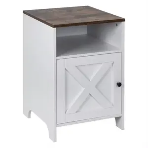 Side Table,Farmhouse White Nightstand Set 2 Modern Sofa Table with Barn Door and Shelf Bedroom Living Room Bed side Table