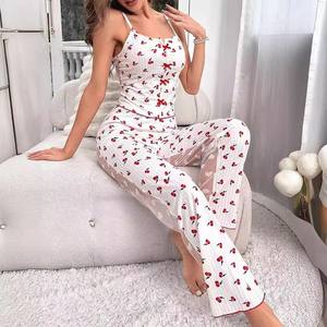 Print Contrast Lace Mesh Long <b>Women's</b> O-Neck Transparent Night Wear Pajamas Set - Product Image 5