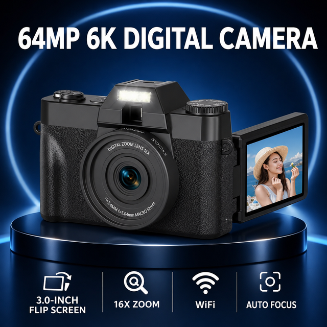 64MP 6K CMOS Sensor Digital Camera 3.0in Flip Screen 16X Zoom WiFi AF Image Stabilization TF Card Support Retro Design Video