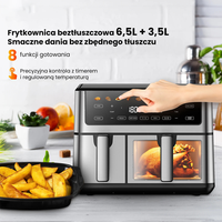 Friteuse à air 10L à double panier en acier inoxydable avec fenêtre de visualisation, contrôle de température indépendant, 10 programmes de cuisson et tiroirs antiadhésifs
