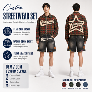 <span class=keywords><strong>Ensemble</strong></span> chemise à <span class=keywords><strong>carreaux</strong></span> personnalisée et short en jean pour <span class=keywords><strong>homme</strong></span>, tenue deux pièces streetwear brodée de strass, fournisseur - Product Image 2