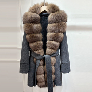 Janveny-<span class=keywords><strong>Manteau</strong></span> en fourrure de cachemire pour <span class=keywords><strong>femme</strong></span>, avec poche en <span class=keywords><strong>laine</strong></span>, long col en fourrure naturelle, surdimensionné, double face - Product Image 1