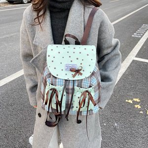 Sac à dos tendance coréen en nylon respirant pour <span class=keywords><strong>femme</strong></span>, grande capacité, polyvalent, motif écossais, avec joli nœud, idéal pour étudiante, style étoile - Product Image 3