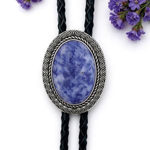Collier Bolo Vintage avec double anneau, pierre craquelée rose clair, style Western, en cuir tressé fait main - Product Image 3