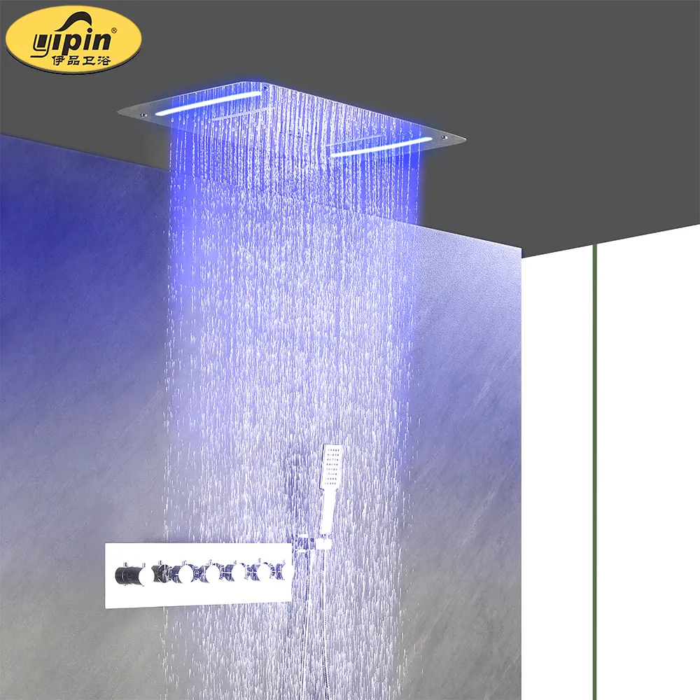 LEDライト付きバススパウト付き5 in1シャワー蛇口サーモスタットバスルーム壁掛け式高級LEDビッグレインシャワー蛇口システム