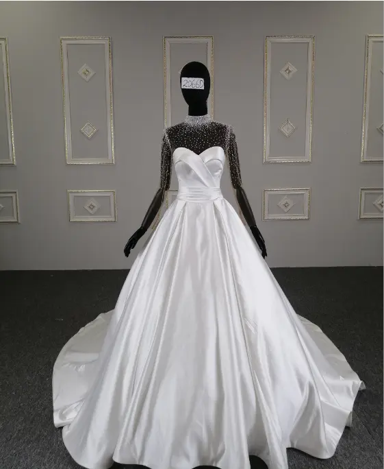 Maniche lunghe Vintage Paillettes Che Borda High-end Abito Da Sposa 2020 rimovibile giacca di tessuto di Raso abito da sposa di lusso