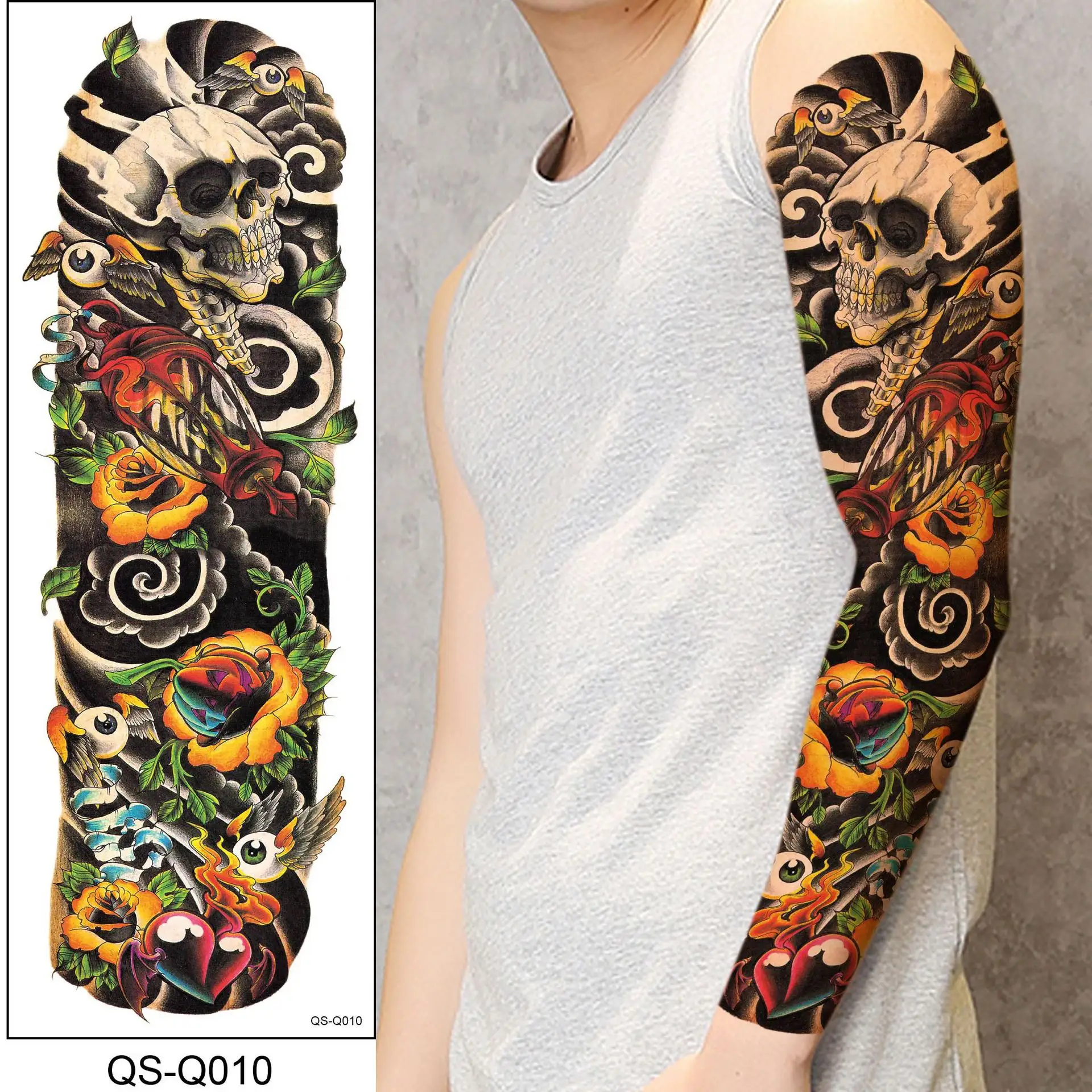 Fabrik RTS New 1 Stück temporäre Tattoo Aufkleber Schädel Augen Herz Rose Tattoo mit Arm Body Art Big Sleeve großen Tattoo Aufkleber