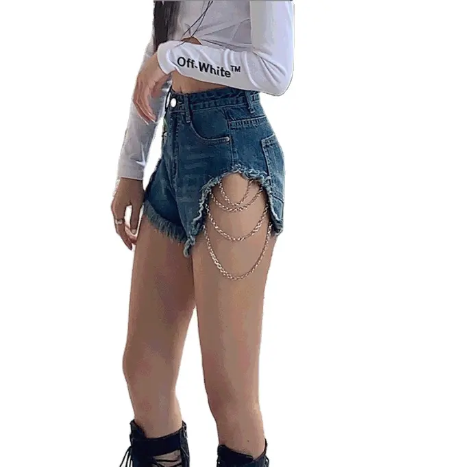 Летние женские джинсовые шорты в стиле хип-хоп с металлическими элементами, высокой талией и темными карманами