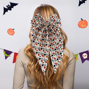 Barrette à cheveux pour femme avec imprimé citrouille et crâne d'Halloween, long ruban flottant, accessoire de coiffure pour fête et déguisement - Product Image 4