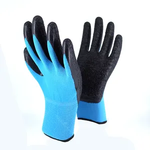 Factory Wholesale 13G Pale Blue Polyester Black Latex Finish Construction Gloves Industrial Safety Latex Coated Work Gloves