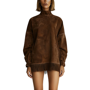 Nouvelle Collection Robes Longues Femme Col Montant en Velours Suédine Style Vintage Ample avec Poches et Franges Manches Longues Tendance - Product Image 3