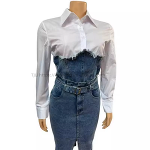 <b>Patchwork</b> <b>Shirt</b> Slit Skirt Women's Casual Denim 2-piece Set Fashion - Product Image 3