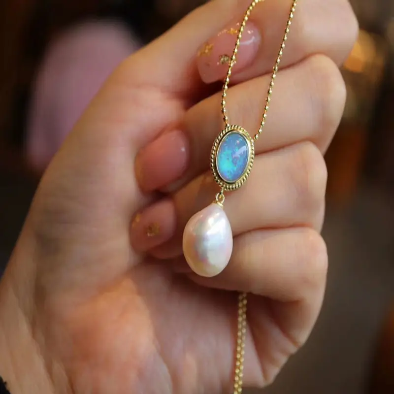 Vintage Fresh water Baroque pearl blue opal colorful stone 925 Sterling silver gold opal pendant necklace