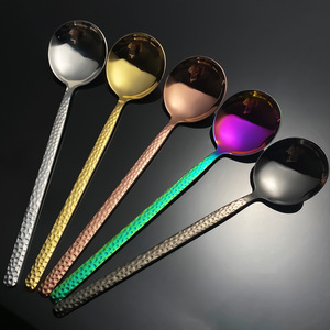 Hammered Textured Spoon 304 Stainless Steel Long Handle Creative Round Spoon For Soup And Eating Silver Gold Rose Gold - Product Image 3