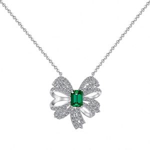 Dylam Stylish 925 Sterling Silver Rhodium Plated Rectangle <b>Emerald</b> Green 5A Cubic Zirconia Bow Knot Pendant <b>Necklace</b> for Women - Product Image 1