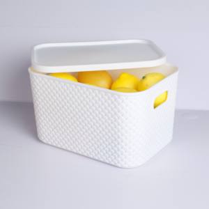 Cestas de almacenamiento de plástico <span class=keywords><strong>con</strong></span> <span class=keywords><strong>tapa</strong></span> Contenedores organizadores apilables para despensa Almacenamiento doméstico versátil para juguetes Ropa y más - Product Image 3