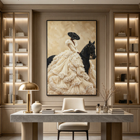 Tableau mural luxe moderne femme et cheval noir, porcelaine cristal strass incrusté à la main, décoration murale verticale