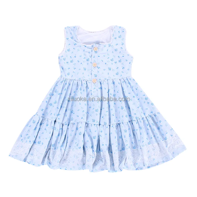 High Quality Kids Fashion Clothing Sleeveless Floral Print Girl Twirl Dress with Lace