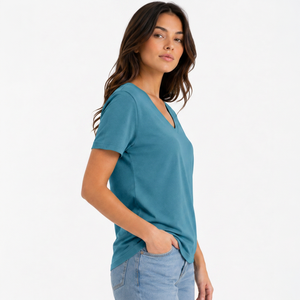 Camiseta de Manga Corta con Cuello en V para Mujer, Color Sólido, Corte Regular, Jersey de Poliéster/Algodón, Transpirable, Ropa Casual de Verano, 220g - Product Image 4