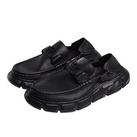 Mocassins Chunky pour Hommes en Cuir Véritable, Bout Rond, à Enfiler, Semelle Extérieure en Caoutchouc Amortie, Logo sur la Langue de la Chaussure, Toutes Saisons, Noir, Chaussures Décontractées