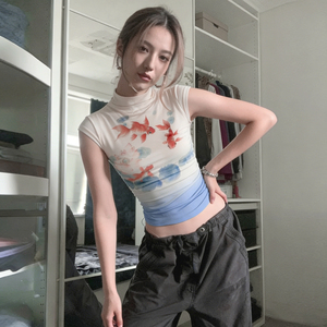 Ins Vintage Goldfish Print Colorblock Stand Collar Sheer Short Sleeve Top Elegant Sexy Waist Cinching Lightweight Pure Sexy Top - Product Image 4