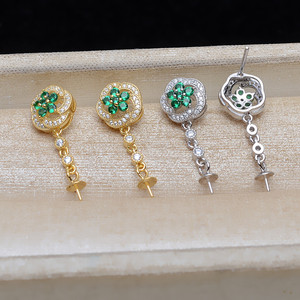 Boucles d'oreilles en argent S925 avec diamants, chaîne simple, boucles d'oreilles en perles pour femmes, support personnalisé en jade, accessoires de bijoux DIY semi-finis - Product Image 1