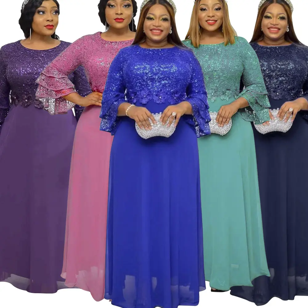 436 African European Women New Design Chiffon Lace Beadings Oversized Maxi Length Casual Dresses