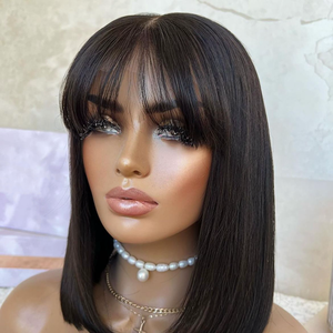 Peluca de cabello humano Bang Bob con encaje frontal, pelucas de Bob recto de hueso Virgen sin pegamento transparente, Peluca de Bob corto de encaje con flequillo - Product Image 1