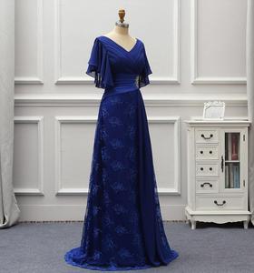 Elegante Abito Lungo Formale Blu Reale in Pizzo e Chiffon per Madre della Sposa, Scollo <span class=keywords><strong>a</strong></span> V, Maniche Corte, per Matrimonio - Product Image 3