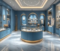Vitrine de présentation haut de gamme personnalisée bleue et or, vitrine en verre pour bijoux et vêtements