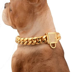 Venta al por mayor, productos para tienda de mascotas, Gargantilla chapada en oro de acero inoxidable de lujo, collar de cadena para perro de 14MM - Product Image 2